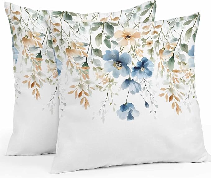 Blue Spring Floral Waterproof Outdoor Pillow Covers 20''x20'' Set of 2, Weeping Botanical Patio Furniture Summer Cushion Covers for Chairs, Decorative Wildflowers Pillow Cases for Garden/Pool/Beach