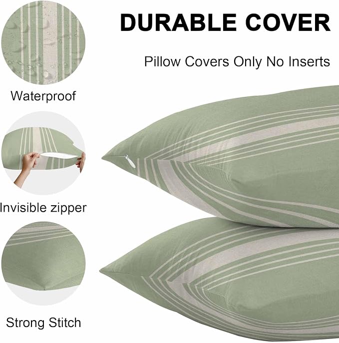 Vandarllin Outdoor Throw Pillows Covers 24x24 inch Set of 2 Waterproof Sage Green Vertical Stripes Decorative Zippered Cushion Covers for Patio Furniture, Classic Striped Linen Lumbar Pillowcases