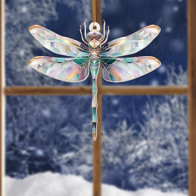 Dragonfly Ornament Stained Glass Style – Acrylic Window Hanging Suncatcher, Car Rearview Mirror Charm, Whimsical Holiday Christmas Tree Ornament, Unique Dragonfly Gifts for Women, Mom, Teacher(Sun-13)