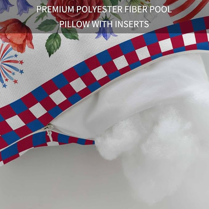 250th Anniversary Floral Outdoor Pillows for Chaise Lounge Chair Waterproof Lumbar Pillows with Insert&Adjustable Elastic Strap Beach Headrest Pillow Red Blue Stars 4th of July Neck Pillow 12"x20"