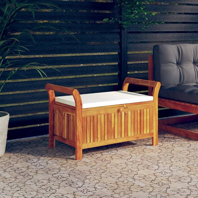 Wooden Outdoor Patio Storage Bench Large Deck Box with White Cream Cushion 35.8"x19.7"x23.6" Solid Wood Acacia Storage Box Deck Box with Seat for Garden, Balcony, Porch, Pool,Yard