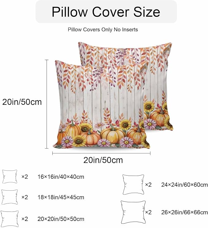 Orange Pumpkins Outdoor Waterproof Pillow Covers, Eucalyptus Leaves Sunflowers Wood Grain Decorative Square Throw Pillowcase Sofa Cushion Sham for Patio/Couch/Chair, 16"x16" 2 Pack