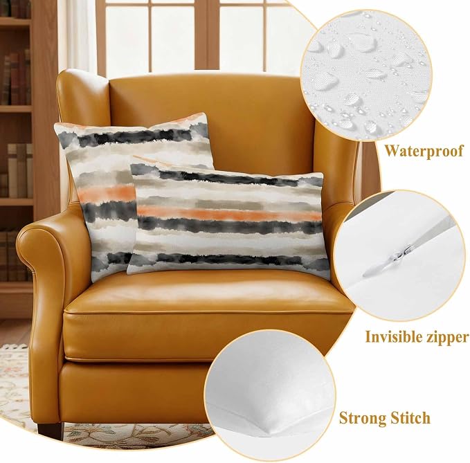 Black Gray Orange Stripes Outdoor Waterproof Throw Pillow Covers Set of 2, 20"x20", Modern Art Decorative Pillow Covers Outside Cushion Case for Patio Porch Garden