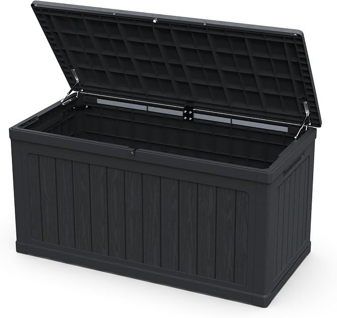 230 Gallon Extra Large Outdoor Storage Deck Box with Lockable Lid, Waterproof Resin Construction, Holds Patio Furniture, Pool Gear, Tools, 440lbs Weight Capacity, Wood-Grain Finish, Black