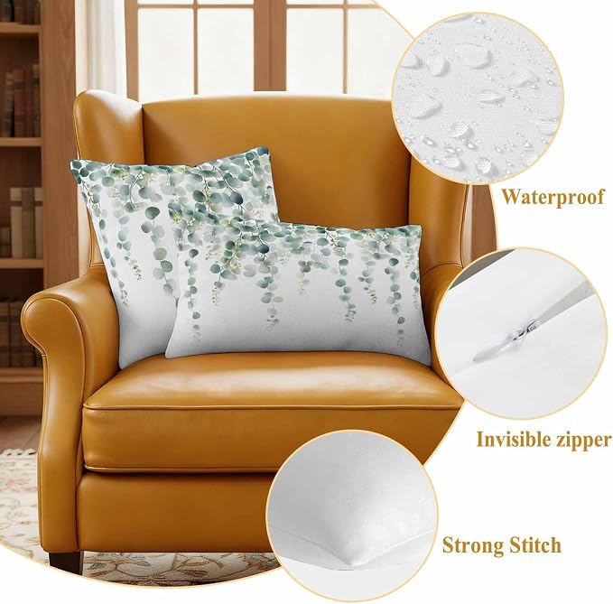 Eucalyptus Leaves Waterproof Outdoor Pillow Covers Set of 2 Home Decor, Pastoral Rustic Botanical Watercolor Pillowcase Patio Pillow Covers for Couch Bench Furniture Garden 18x18in