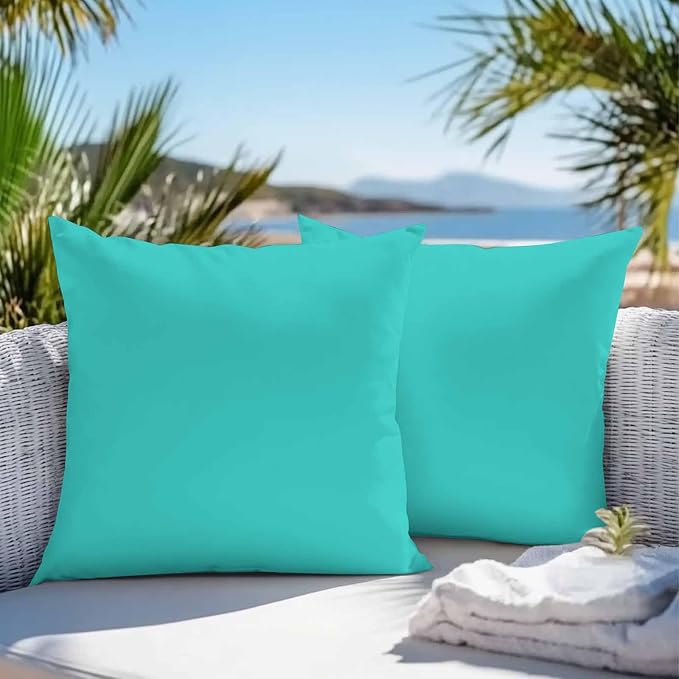 Throw Pillow Covers 18x18 Inch Set of 2, Turquoise Waterproof Outdoor Cushion Covers, Modern Pure Turquoise Decorative Pillowcases for Couch, Sofa, Bed, Garden, Patio