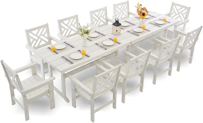 HDPE Dining Table Set for 10,12-Piece Outdoor Table and Chairs Include 10 Dining Chairs and 2 Pcs 62.5" Patio Dining Table with Umbrella Hole (White)