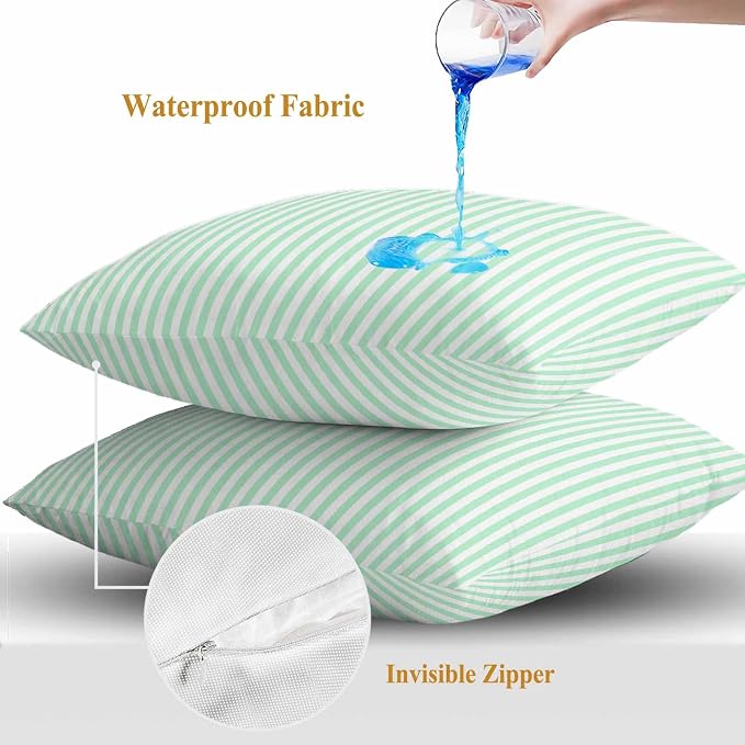 Throw Pillow Covers 18x18 Inch Set of 2, Green White Stripe Waterproof Outdoor Cushion Covers, Modern Minimalist Geometric Striped Decorative Pillowcases for Couch, Sofa, Bed, Garden, Patio