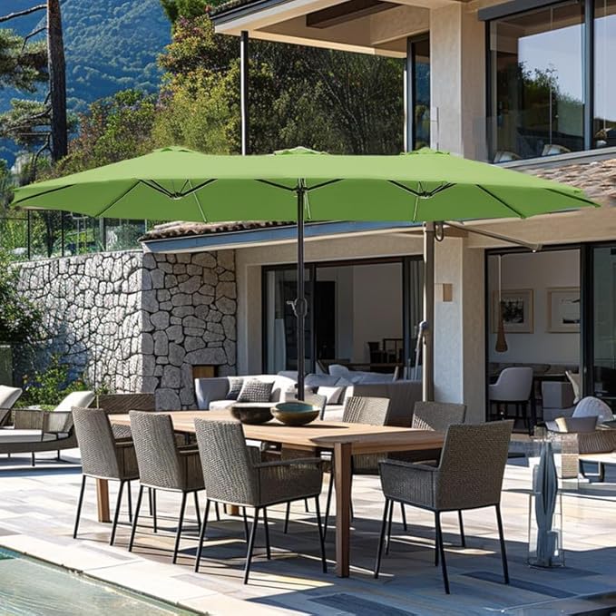 GREEN PARTY 15 ft Rectangular Patio Umbrella with Base Included, Large Double-Sided Outdoor Table Umbrella with Crank, 1.9" Pole UPF 50+ UV Resistant for Pool Deck Backyard Garden, Lime Green