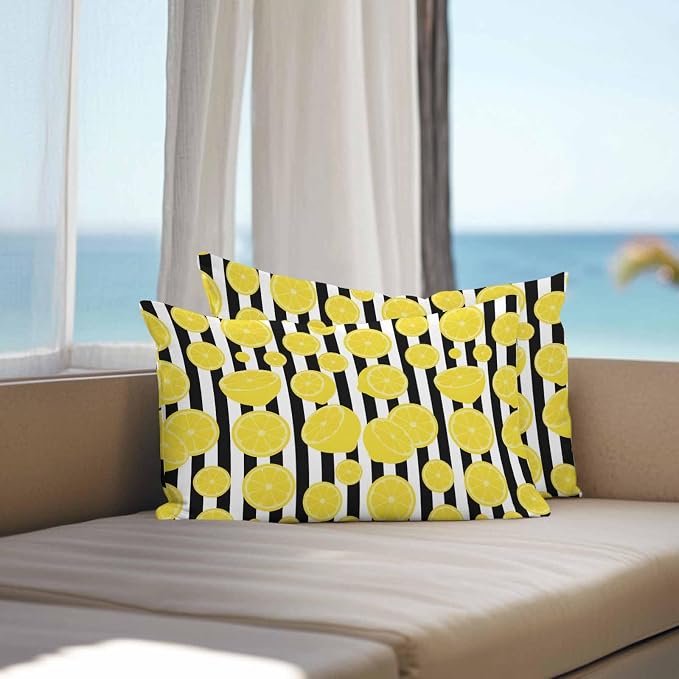 Vandarllin Outdoor Throw Pillows Covers 20x12 inch Set of 2 Waterproof Yellow Lemon Decorative Zippered Cushion Covers for Patio Furniture, Summer Fruit Black Stripes Lumbar Pillowcases