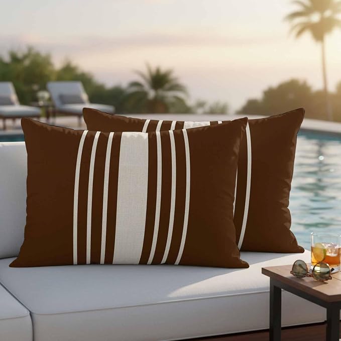 Lumbar Pillow Covers 20x12 Inch Set of 2, Brown Beige Striped Waterproof Outdoor Cushion Covers, Modern Farmhouse Retro Lines Decorative Pillowcases for Couch, Sofa, Bed, Garden, Patio