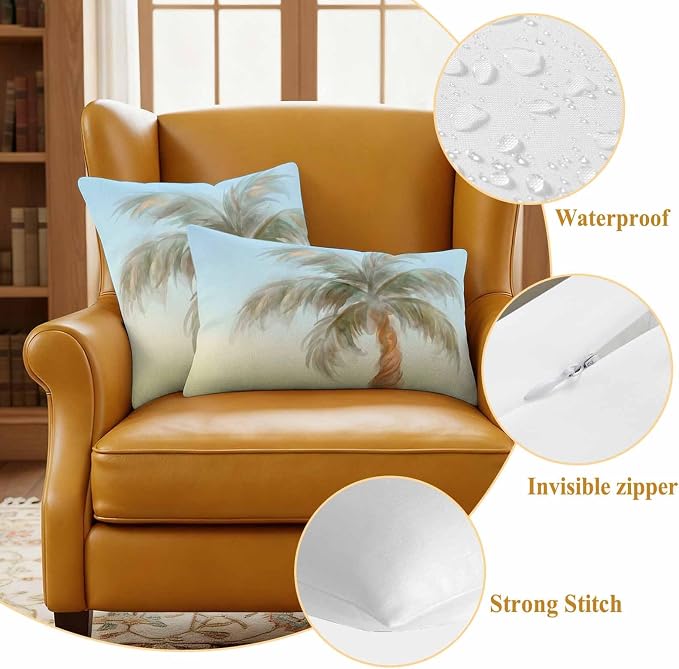Yukro Summer Palm Tree Outdoor Waterproof Pillow Covers Pack of 2, Coastal Tropical Plant Watercolor Texture Throw Pillowcases Decorative Cushion Covers for Garden Patio Tent Sofa Couch, 20x20 inch