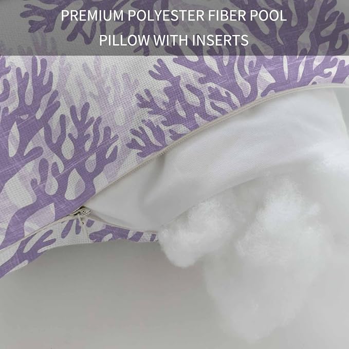 Outdoor Lumbar Pillow Set of 2, Purple Coral Waterproof Beach Headrest Pillow with Inserts, Coastal Summer Ocean Nautical Sea Recliner Throw Pillows for Patio Furniture, 12 x 20