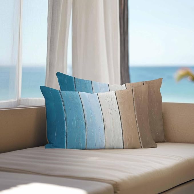 Lumbar Pillow Covers 20x12 Inch Set of 2, Blue Brown Ombre Waterproof Outdoor Cushion Covers, Vintage Country Wooden Decorative Pillowcases for Couch, Sofa, Bed, Garden, Patio
