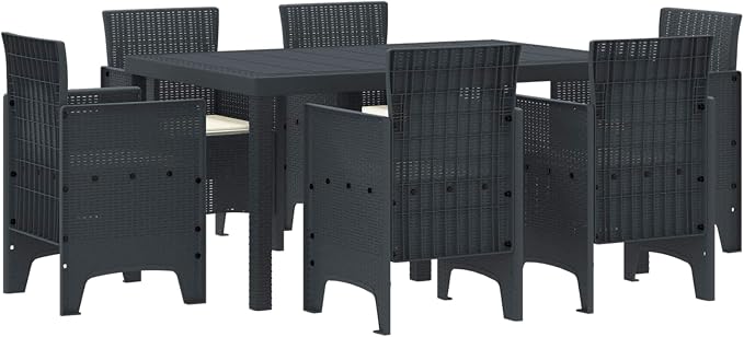 Garden Dining Set 7 Piece Modern Anthracite Poly Rattan Patio Furniture Set for 6 with Cushions, Rectangular Table, UV Resistant Matte Finish for Backyard, Balcony & Outdoor Spaces