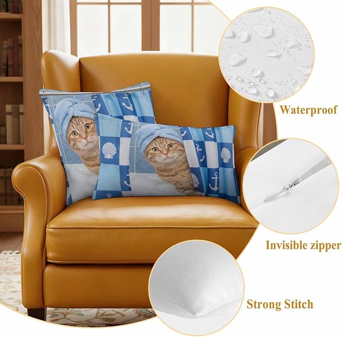 Bathing Cat Waterproof Outdoor Pillow Covers Set of 2 Home Decor, Funny Animal Showering Pillowcase Patio Pillow Covers for Couch Bench Patio Furniture Garden 26x26in