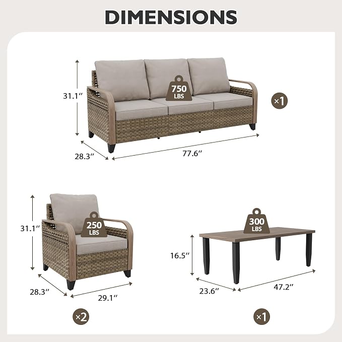 EAGLE PEAK Modern Wicker Outdoor Patio Furniture Set, Patio Conversation Set, 2 Chairs, 3-Seat Loveseat and Coffee Table, 4 Pieces, Brown/Gray