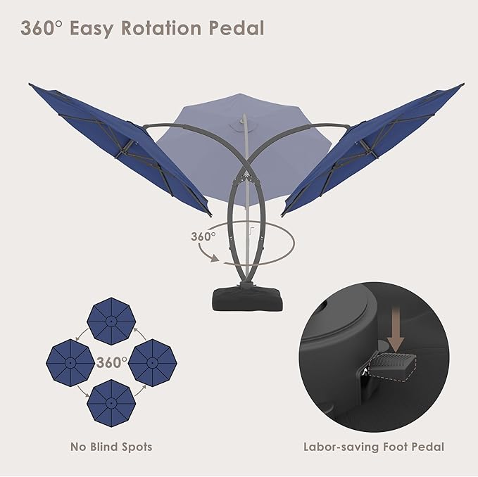 ENSTVER 11FT Solar Powered LED Light Cantilever Patio Umbrella With Base Included, Round Large Aluminum Outdoor Cantilever, Heavy Duty Offset Umbrella with 360°Rotation for Pool, Deck, Backyard