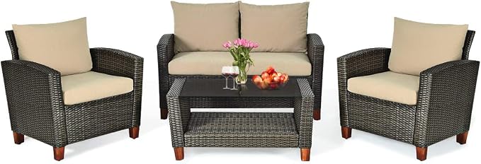 HAPPYGRILL 4 Pieces Patio Conversation Set Outdoor Rattan Wicker Furniture Set Sectional Wicker Sofa Chair & Coffee Table Set for Porch Poolside Backyard