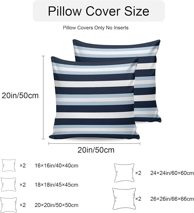Blue Navy Striped Outdoor Pillow Covers Waterproof, All Weather Cushion Case Set of 2, Modern Ombre Abstract Lines Pattern Decorative Pillowcases for Sofa Couch Bed Decor Patio Furniture 18"x18"