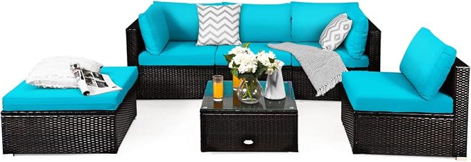 RELAX4LIFE 6-Piece Patio Sofa Set - Outdoor Sectional Sofa Set Wicker Conversation Set w/Table & Removable Cushions, Modular Sofa Set Patio Furniture for Backyard, Poolside, Balcony (Turquoise)