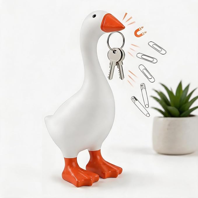 Funny 7 Inch Beak Desk Goose Statue, Cute Mini Porch Goose Figurine, Small Desk Duck with Key Holder Function, Novelty Table Organizer & Gift for Friend Family Colleague Schoolmate.
