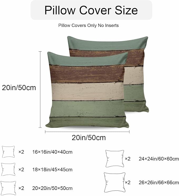 Vandarllin Outdoor Throw Pillow Covers 26X26 Set of 2 Waterproof Sage Green Brown Decorative Zippered Cushion Covers for Patio Furniture, Farmhouse Retro Rustic Barn Wood Texture Lumbar Pillowcases