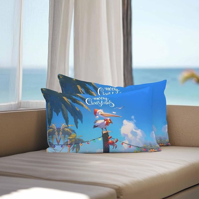 Vandarllin Christmas Outdoor Throw Pillows Covers 20x12 inch Set of 2 Waterproof Pelican Crab Decorative Zippered Cushion Covers for Patio Furniture, Palm Trees Beach Blue Sky Lumbar Pillowcases