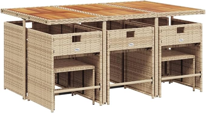 11 Piece Outdoor Patio Dining Set, 10-Seater Poly Rattan Garden Furniture with Acacia Wood Tabletop and Cushioned Chairs, Space-Saving Cube Design for Backyard Deck