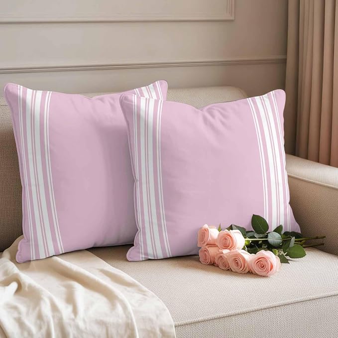 Outdoor Pillow Covers 18x18 Set of 2 Pink Stripes Outdoor Pillows Waterproof Throw Pillow Covers French Stripe Farmhouse Style Pillowcases Decorative Case for Patio Cushion