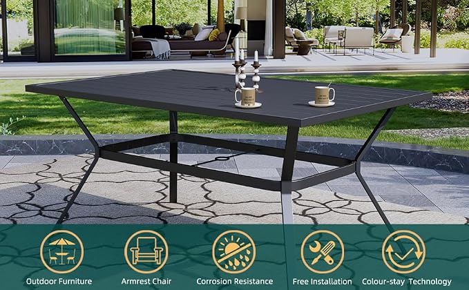 Anmutig 7-Piece Outdoor Dining Set, 6 Swivel Patio Chairs & 60'' Rectangular Dining Table with All Weather Frame Furniture Set - Navy Style1