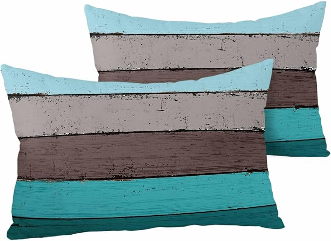 Outdoor Throw Pillow Covers 12X20 Set of 2 Waterproof Ombre Peacock Blue Gray Decorative Zippered Cushion Covers for Patio Furniture, Farmhouse Retro Rustic Barn Wood Texture Lumbar Pillowcases
