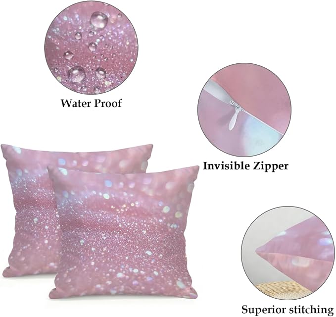 16x16 Inch Outdoor Pillow Covers Set of 2 Waterproof Throw Pillow Covers Decorative Couch Cushion Covers Pink Glitter Pattern Square Pillowcases Protectors for Patio Garden Sofa