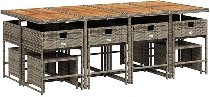 Afuera Living 13-Piece Poly Rattan Garden Dining Set, Gray Finish, Acacia Wood Table, Powder-Coated Steel Frame, Stackable Chairs, Foldable Design, Seating for 12, Outdoor Patio Furniture for Garden