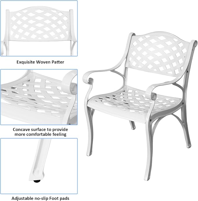 Patio Dinning Set Weather Resistant Cast Aluminum Patio Furniture Set with Umbrella Hole, Bistro Dining Set for Garden (42" x 42" Table D and 4 Chairs White, 5 Pieces)