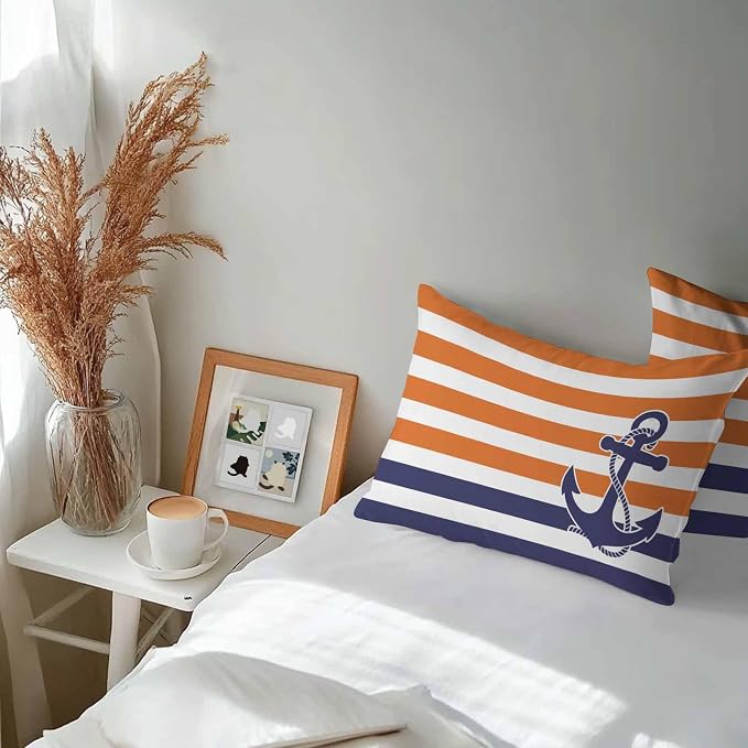 Lumbar Pillow Covers 20x12 Inch Set of 2, Anchor Orange Waterproof Outdoor Cushion Covers, Modern Navy Blue White Striped Nautical Decorative Pillowcases for Couch, Sofa, Bed, Garden, Patio