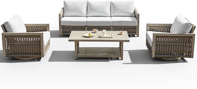 4 Pieces Outdoor Furniture Set, Never-Rust Aluminum Swivel Patio Conversation Set with Thick Cushions, Rope Weave Outdoor Sofa Set, Deep Seating Sofa Set for Garden, Pool, Porch, Gray Oak
