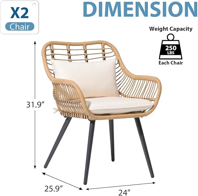 JOIVI Outdoor Patio Wicker Chairs Set of 2, Rattan Porch Chairs with Cushion and Armrest, Outdoor Seating with Iron Frame, Balcony Furniture for Apartments, Lawn, Backyard, Garden | Set of 2, All-Weather Outdoor Seating with Iron Frame, w/Seat Cushions...
