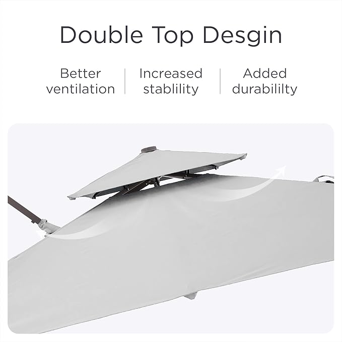 9' X 12' Patio Umbrella with LED Lights Outdoor Cantilever Large Rectangle Offset Umbrellas Heavy Duty Aluminum Double Top with 360-degree Rotation for Pool Garden Deck, Fog Grey