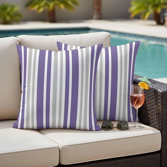 Purple Grey Stripe Outdoor Pillow Covers 16x16 Inch Throw Pillow Covers Set of 2 Waterproof Decorative Pillow Cases Farmhouse Minimalist Striped Cushion Covers for Patio Furniture Garden Couch Sofa