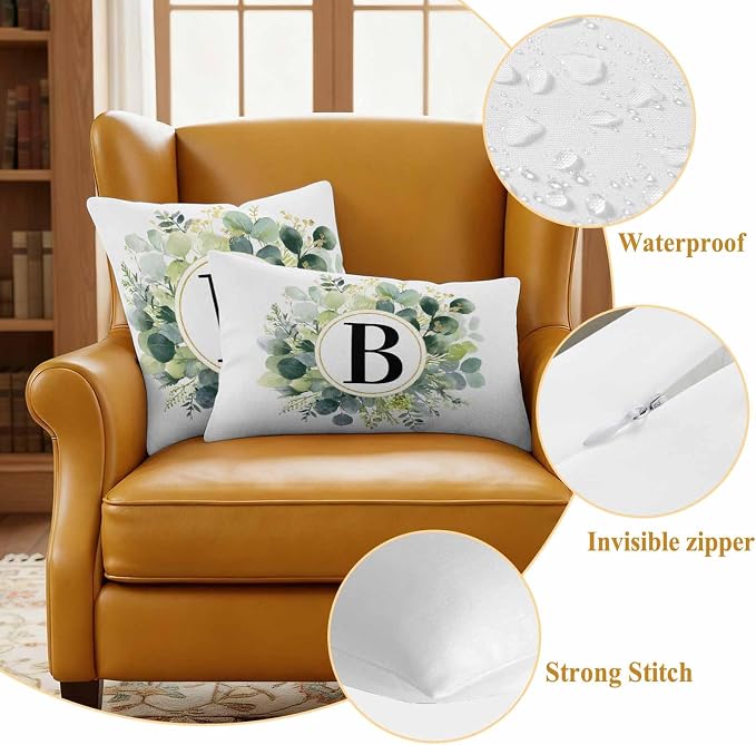 Letter B Waterproof Outdoor Pillow Covers Set of 2 Home Decor, Alphabet Green Eucalyptus Leaves Pillowcase Patio Pillow Covers for Couch Bench Patio Furniture Garden 24x24in