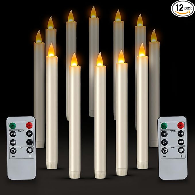 wemarry 10" Flameless Taper Candles with Remote, Electric Led Candlesticks, Plastic Tall Taper Candles Battery Operated with Flickering Flame for Halloween Christmas Wedding Home Décor(Ivory, 12 Pack)