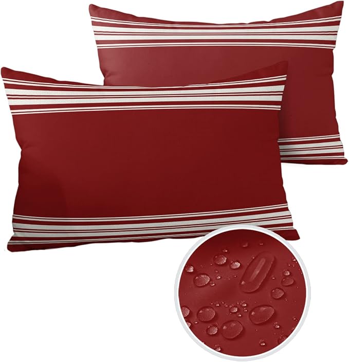 Vandarllin Outdoor Throw Pillows Covers 12X20 Set of 2 Waterproof Burgundy Red Stripe Decorative Zippered Lumbar Cushion Covers for Patio Furniture, French Stripe Farmhouse Style