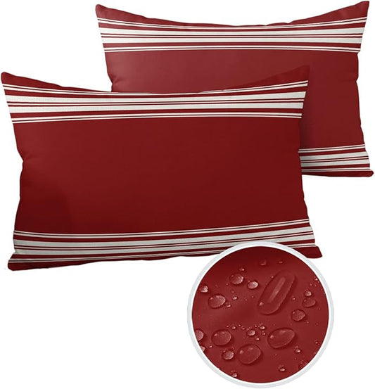 Vandarllin Outdoor Throw Pillows Covers 12X20 Set of 2 Waterproof Burgundy Red Stripe Decorative Zippered Lumbar Cushion Covers for Patio Furniture, French Stripe Farmhouse Style