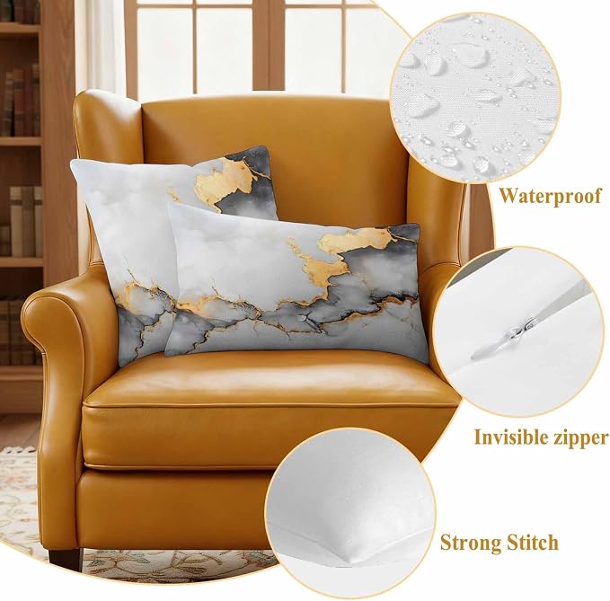 Abstract Marble Texture Outdoor Waterproof Throw Pillow Covers Set of 2, 20"x20", Grey White Gradient Gold Crack Art Decorative Pillow Covers Outside Cushion Case for Patio Porch Garden