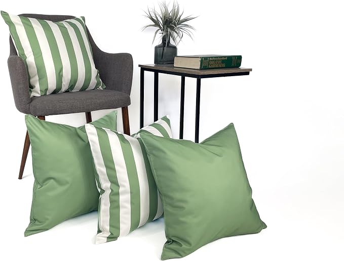 Pack of 2 Solid and Stripe 20''x20'' Outdoor Waterproof Green Throw Pillow Covers Decorative Square Cushion Patio Pillows for Patio Furniture (Loden Frost)
