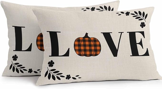 Orange Pumpkin Outdoor Waterproof Pillow Covers, Fall Leaves Love Heart Beige Pastoral Decorative Rectangle Throw Pillowcase Sofa Cushion Sham for Patio/Couch/Chair, 20"x12" 2 Pack