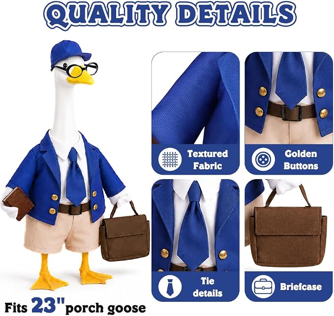 Celltestria Office Worker Goose Outfits Blue Workwear Goose Costume Porch Goose Clothes with Briefcase Book Glasses for 23'' Geese Outdoor Lawn Patio Yard Garden Decor