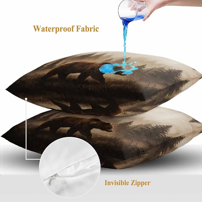 Yukro Nature Landscape Outdoor Waterproof Pillow Covers Pack of 2, Rustic Brown Bear Misty Forest Pine Tree Throw Pillowcases Decorative Cushion Covers for Garden Patio Tent Sofa Couch, 20x20 inch