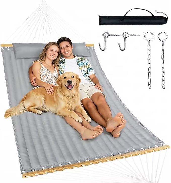 Everyfun Double Hammock with Spreader Bar & Pillow, Portable 500lbs Capacity for Outdoor, Camping, Patio, Backyard Relaxation,Gray